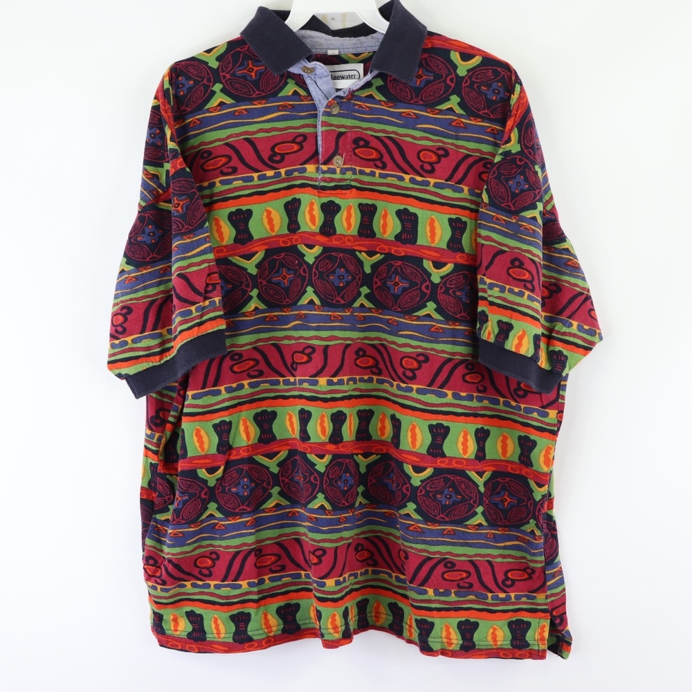 Vtg 90s Streetwear Mens Large Geometric Polo Shirt